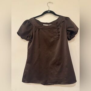 chic Brown Satin Puff Sleeve Blouse
